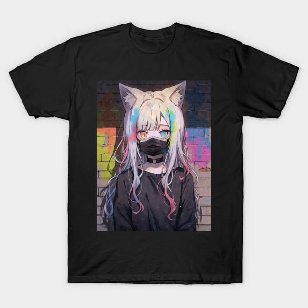 Kawaii Aesthetic Colorful Nekomimi Anime Cat Girl Graffiti Art Style T-Shirt by TenchiMasaki